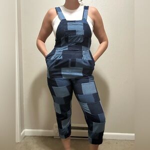 One of a Kind Patchwork Denim Overalls — Medium Petite Cropped Jean Jumpsuit